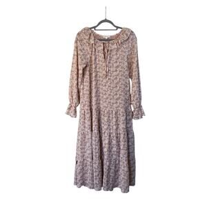 By the River Pink Boho Romantic Tiered Maxi Dress Ruffle Neck Long Sleeve, Small